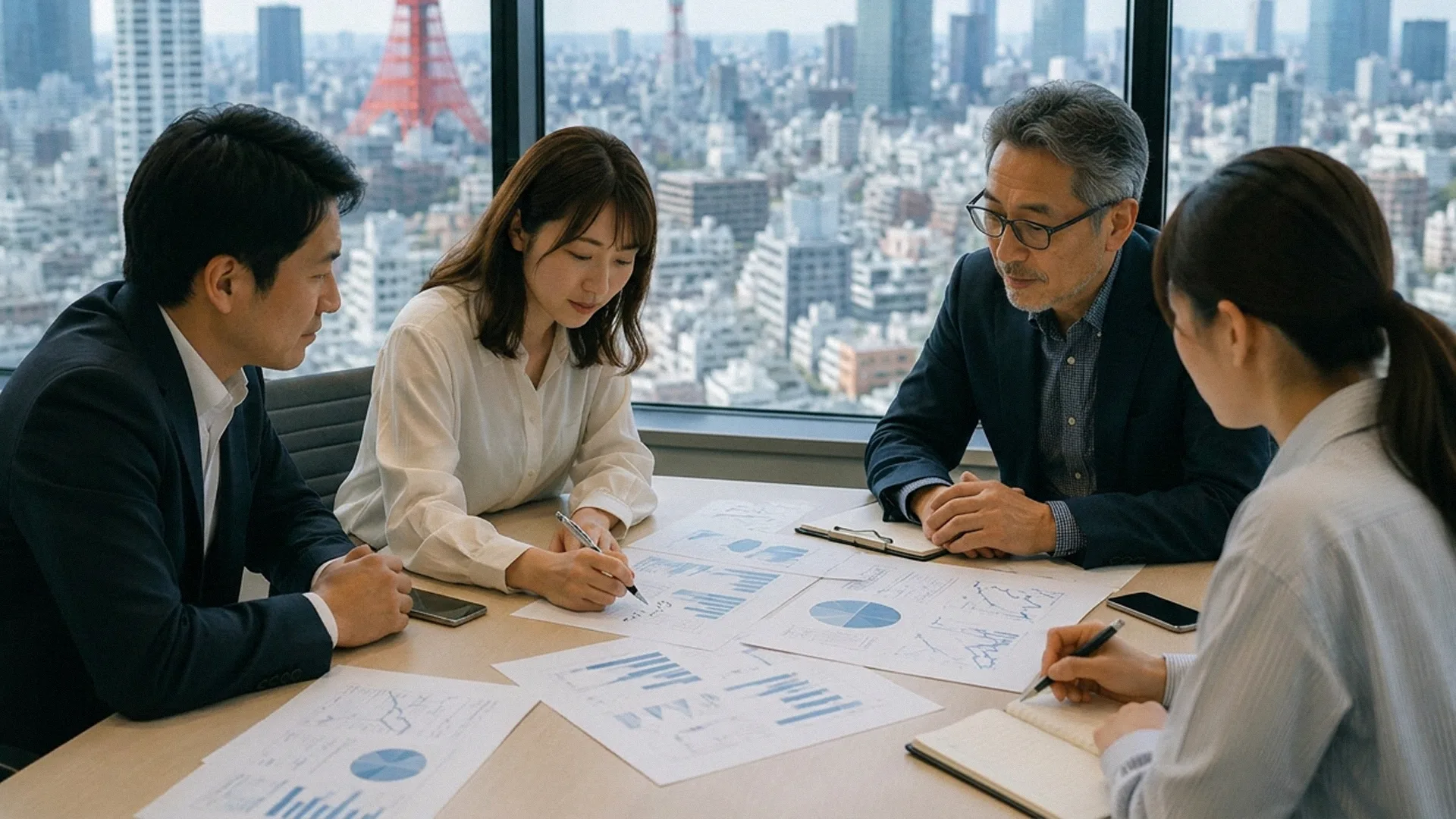 Four professionals in a boardroom review charts and graphs spread across the table against a cityscape view through windows.
